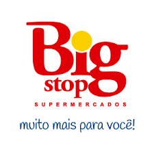 logo escrita em vermelho e azul big stop supermercados em Porto Seguro muito mais pra você 