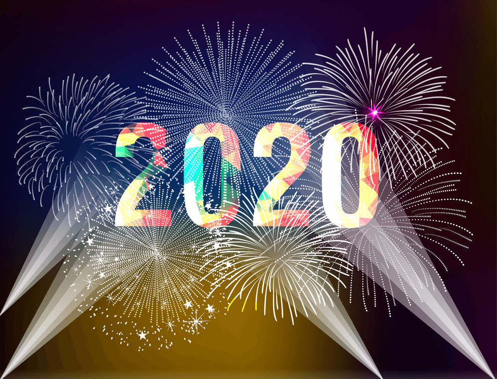 banner para entrada do ano novo com explosão de fogos de artifícios iluminando 2020 no céu